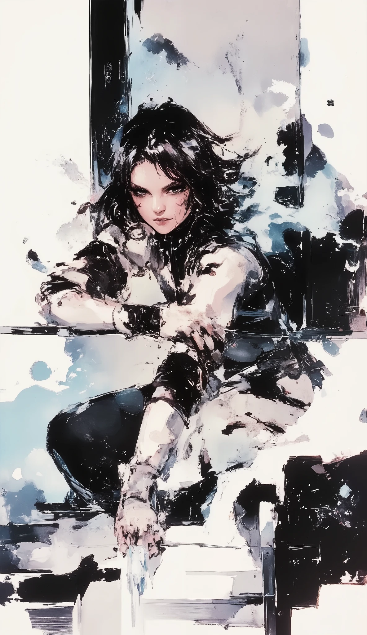 1 person、Ninja, Beautiful Japanese woman、Long Straight Hair、black hair、aligned bangs、dynamic pose、Action、Pocket Knife、Black and white art , simple dressing, ArsMJスタイル, Zen ink painting