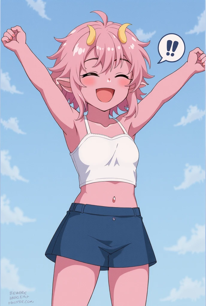 Shota:1.5), (baggy:1.4), (Red Tank Top:1.3), (White panties:1.3), (bulge&erection:1.2), (Looking up:1.4), The wind is blowing, (((Highest quality))), (((masterpiece))), (((Super detailed))), (skinny:1.3), ((Spiked Hair)), (The wind is blowing), ((Pink Hair)), Wine red eyes, Raise your arms, ((smile)), (Open your mouth), ((Earrings)), blue sky, Grass, (Choker on neck), Underarm, Sweaty skin, ((Wet clothes)), Nipples, center, (Shooting from below