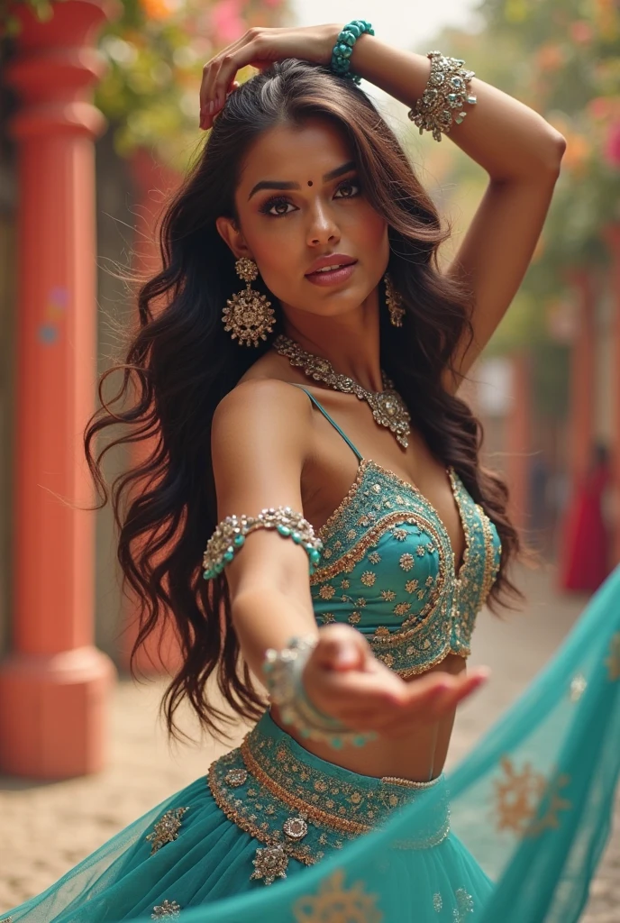 (8k, highest quality, ultra detailed:1.37), (Dina), 18yo, (a free-spirited Pakistani girl), embraces the bohemian festival atmosphere. She wears a boho-chic embroidered top with denim shorts and accessorizes with feathers and beads. big breasts, The high-resolution image captures ultra-detailed realism, highlighting Dina's captivating eyes, long eyelashes, and smooth complexion. The vibrant festival setting adds an energetic and colorful backdrop to showcase Dina's carefree and artistic personality.