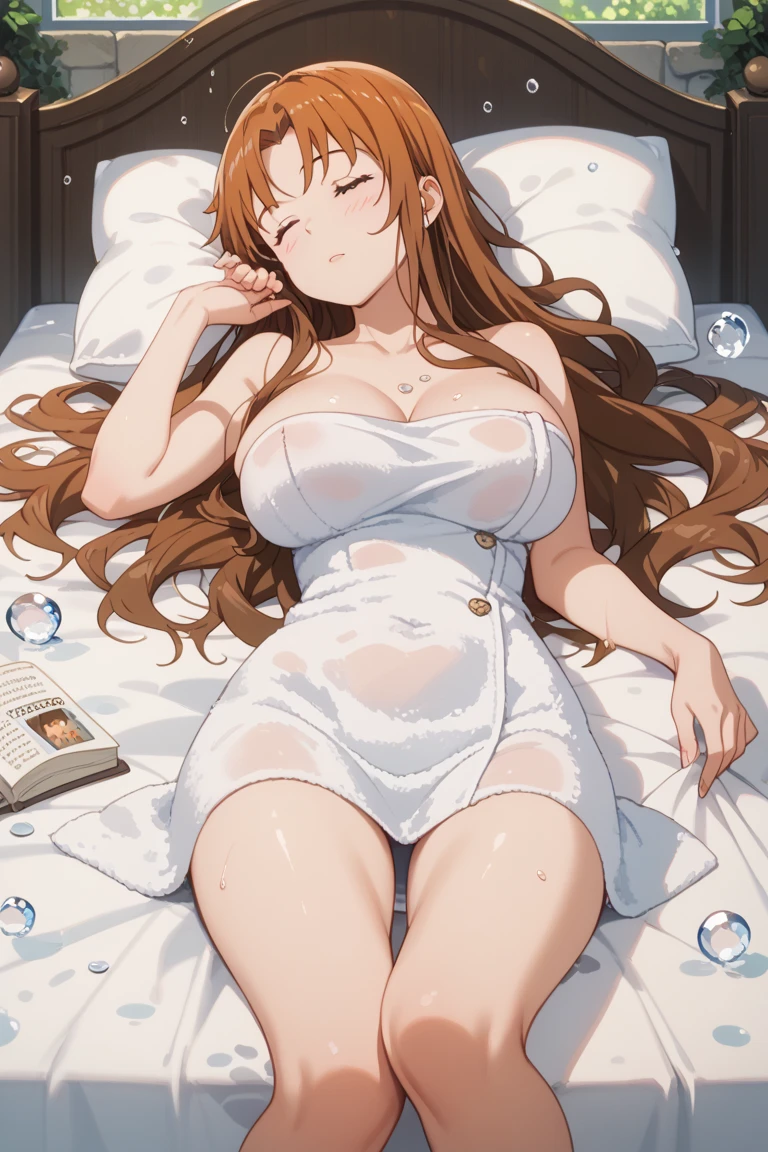 masterpiece, best quality, ultra-detailed, 1girl (namiop, Big and pretty breasts,   orange hair, long hair, brown eyes, empty eye), blank face,  parted lips, hypnosis, solo, facing viewer, looking at viewer, see-through nightgown, wanostyle,  night time,  in the bedroom,  on the bed, lie down, lying,  head tilt , top view 