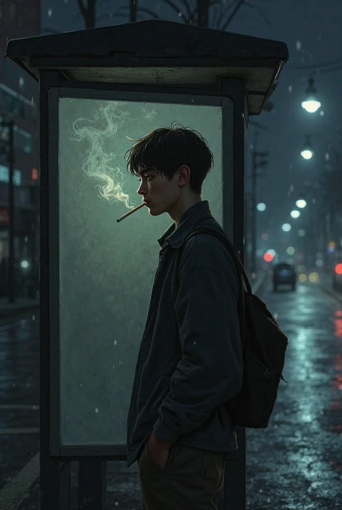 A sad boy who is smoking under the rain at night and he is so attractive