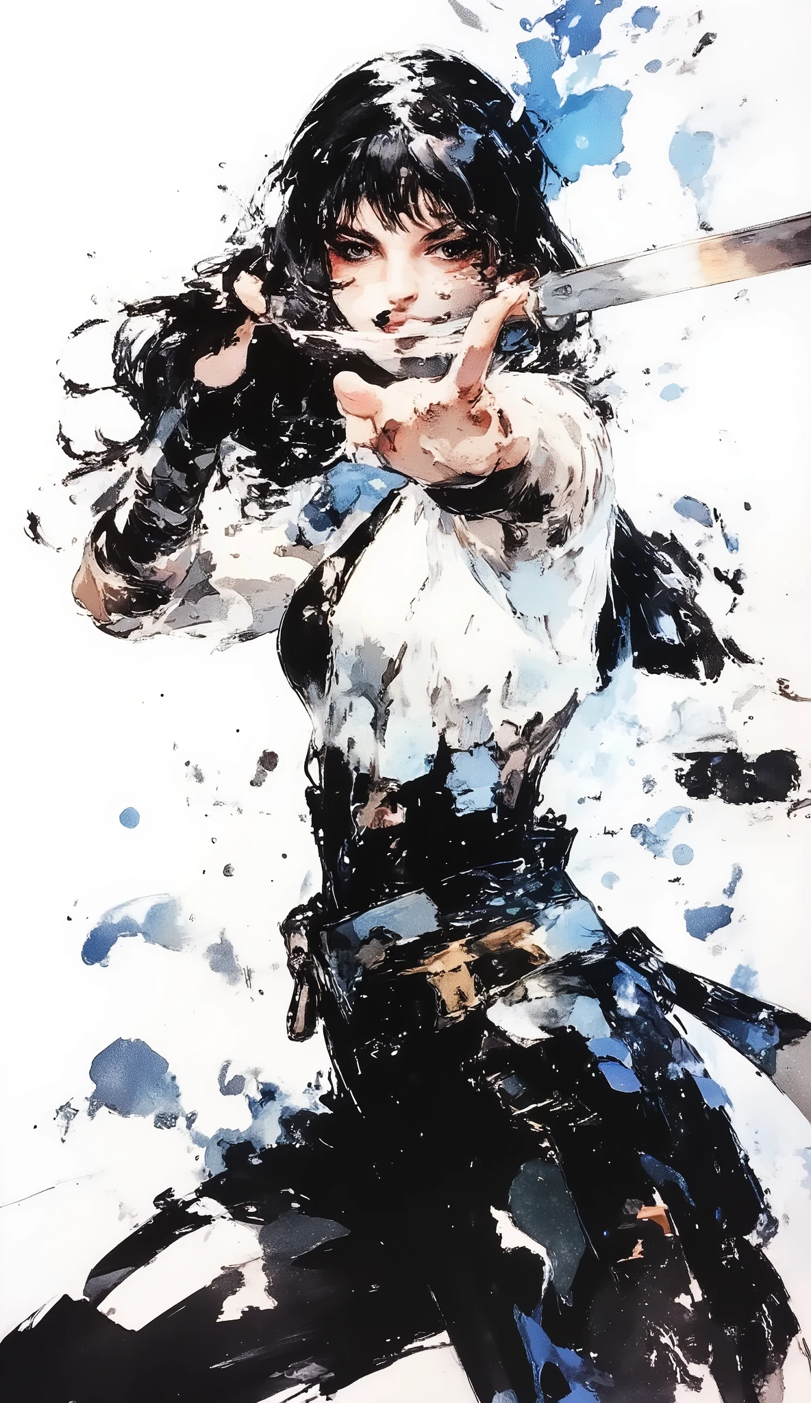 1 person、Ninja,  Beautiful Japanese Woman、Long Straight Hair、black hair、aligned bangs、dynamic pose、Action、Pocket Knife、Black and white art , Simple dressing, ArsMJスタイル, Zen ink painting 