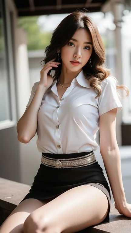 (high resolution, 8K, Masterpiece, Only the best quality, complicated details, Chromatic aberration), realistically, ((small breasts)), hair in one eye, purple eyes,  Dark sharp eyes, Double eyelids , Round silver earrings measuring 6 inches across the ear., Diamond Choker, red gemstone necklace, medium sized silver necklace, bracelet, bangle, index finger diamond ring, thumb, little finger ring, small watch leather strap, Anklet, Waist necklace,stilettos, (symmetrical eyes), (perfectly symmetrical body;), Photo of a 21 year old teenage girl., very beautiful, (Fittings, mannequin), Beautiful and charming with contemporary fashion paintings., Looking at the viewer, the close-up photos begin to show the knees., Facing Out, ((in the background of the room,lamp,curtain,photograph)), (black short skirt) , ((The young woman wore a white short-sleeved shirt., Open your neck wide, Deep cleavage, open chest, Unbutton your shirt., Open your shirt., Revealing separate breasts)), (( black short skirtง, Sitting with legs open)), Square head leather belt, ((Put your hands down.)), (((Golden brown bob hair, Medium length curly hair, bangs to the side, Golden blonde brown hair))), (Sharp eyeliner, eye shadow, smile, pink cheek blush, Thick eyelashes, Curly eyelashes, The eyelashes are very delicate and beautiful., Beautiful mouth, Thin lips, red lips, The corners of the mouth are raised., Sharp focus, Sit with your butt on the table., legs apart, Lift one leg higher than the other., ((small breasts)), ((small breast,Sagging breast))
