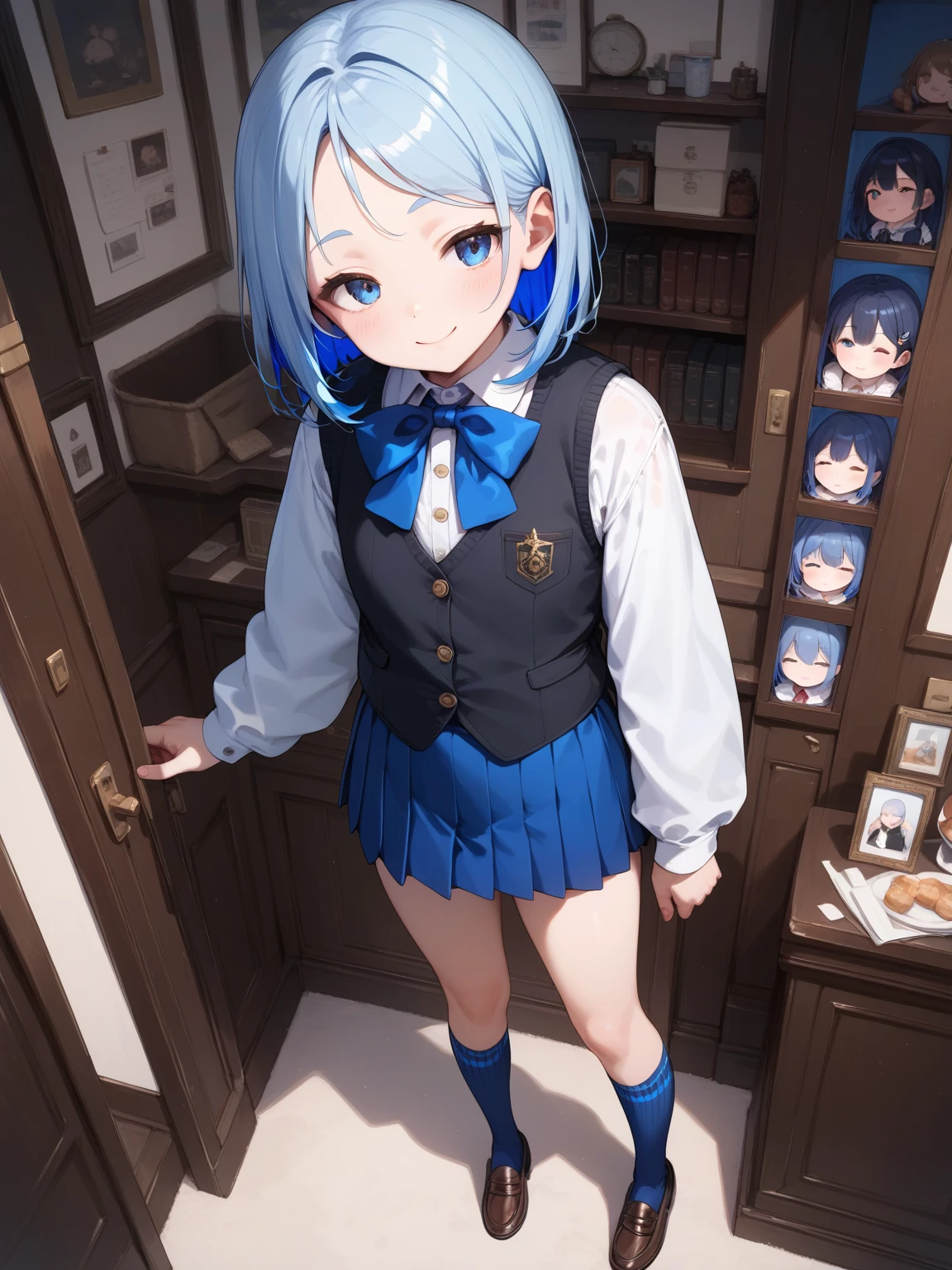 (Highest qualityのイラスト:1.2), (pretty girl:1.1), (1 girl、17 years old、Highest qualityのイラスト:1.2), (1 girl、smile、slightly bigger eyes)、Bright blue hair、Short Bob Hair、(Highest quality、Very detailed、Very detailed and beautiful、Ultra-high resolution) 、,{White shirt、Blue ribbon tie、Grey pleated skirt}, from below