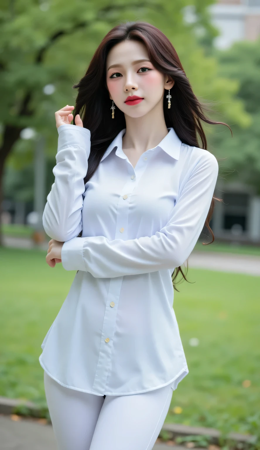 a beautiful woman, standing in the city park , use long sleeve formal shirt of white color, leggings in white, big red lips