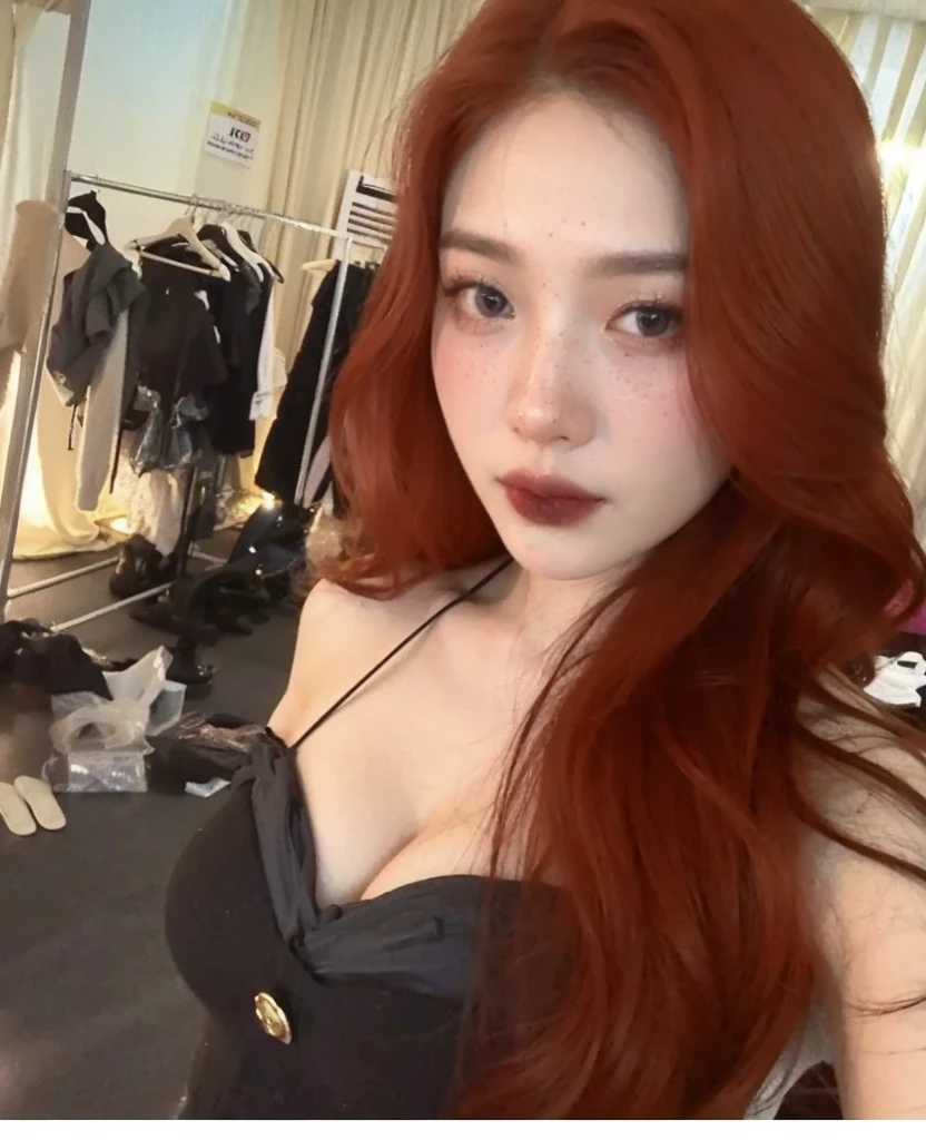 Jennie BlackPink with red hair and blue eyes posing for a photo, flowing russet hair, fada ellie bamber, long glowing red hair, long russet hair, red wavy hair, red hair and attractive features, jennie blackpink, she has long curly hair, russet hair, long loose red hair, russet hair with freckles, long, flowing red hair, red-haired girl