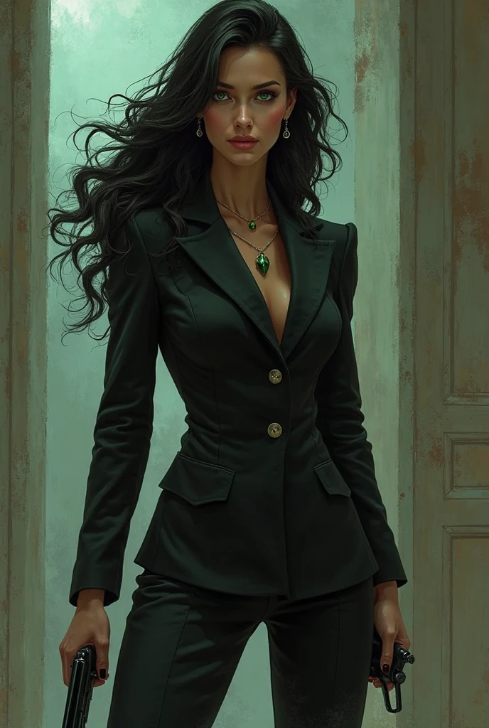 female, black coat, black closed buttoned-up black trench coat from the 1930's style, 5 foot 5 inches tall, slim body build, waist-length wavy brunette black hair, bright green eyes, 28 age, ethnicity india, ethnicity middle eastern.