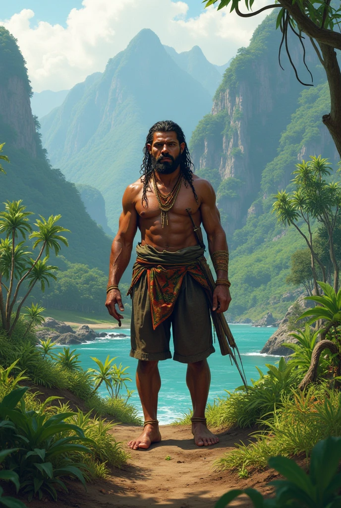 slim man, handsome, handsome, black hair, long to shoulder length, his hair is straight, his skin is tropical Latin, but his face, his appearance reminds me of an Asian, he is naked, and he is sitting in a pose sexy on a rock of a giant waterfall, he is facing us, there are aquatic flowers in this waterfall, the waterfall is in the Amazon, the man is holding a red precious stone, and he is pointing it towards us holding it in his hand, behind him there is a giant anaconda (Eunectes) she is coming out from behind the cascade of water from the waterfall, full body, sexy guy, sexy pose, naked, beautiful man, full body, his hair is flying in the wind, naked, full body