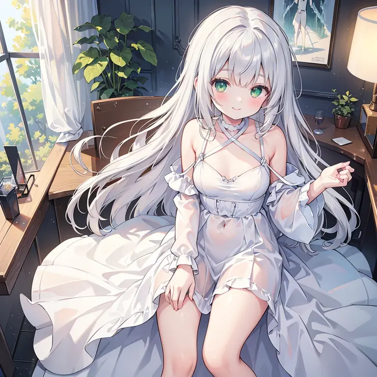 (8K, Highest Quality, Masterpiece:1.3)), Ultra High Resolution, (1 Girl, 1 Person), (Color Changing Eyes, Super Detailed, Expressive Shine, Sparkling, Glowing Eyes), High Definition Eyes, High Definition Face, Random Hair, (Silver Gray Color), A scene where a silver-haired woman is seducing with a seductive expression. Her hair is silky smooth and shoulder-length. Her eyes are deep blue, with slightly enlarged pupils and droopy eyes that give her an ecstatic expression. She is wearing a lace negligee, and you can see how the delicate material is gently touching her skin. The negligee is pale pink, and the thin fabric beautifully accentuates her body lines. The shoulder straps are thin and almost slip off her shoulders.
Her expression is very seductive, and her ecstatic eyes give off a charming aura. A smile appears on her mouth, and a sweet whisper seems to be heard from her slightly parted lips. Her cheeks are slightly flushed, with a subtle light reflecting off her high cheekbones. Her silver hair is in natural waves, softly draped around her face.
In the background is a room lit by soft candlelight. The flickering candle flames cast a dreamy shadow on her hair and nightgown. At the back of the room is a bed, with silk sheets spread out softly. Flowers are displayed by the bedside, and a sweet scent fills the air throughout the room.
The camera angle is at eye level with her, highlighting her captivating expression and curves. The light is soft, giving her skin a gentle glow. The candlelight in the background reflects off her hair and nightgown, creating an overall dreamy atmosphere. Seven-color light grain effects are added throughout, giving the surroundings a dreamy glow.