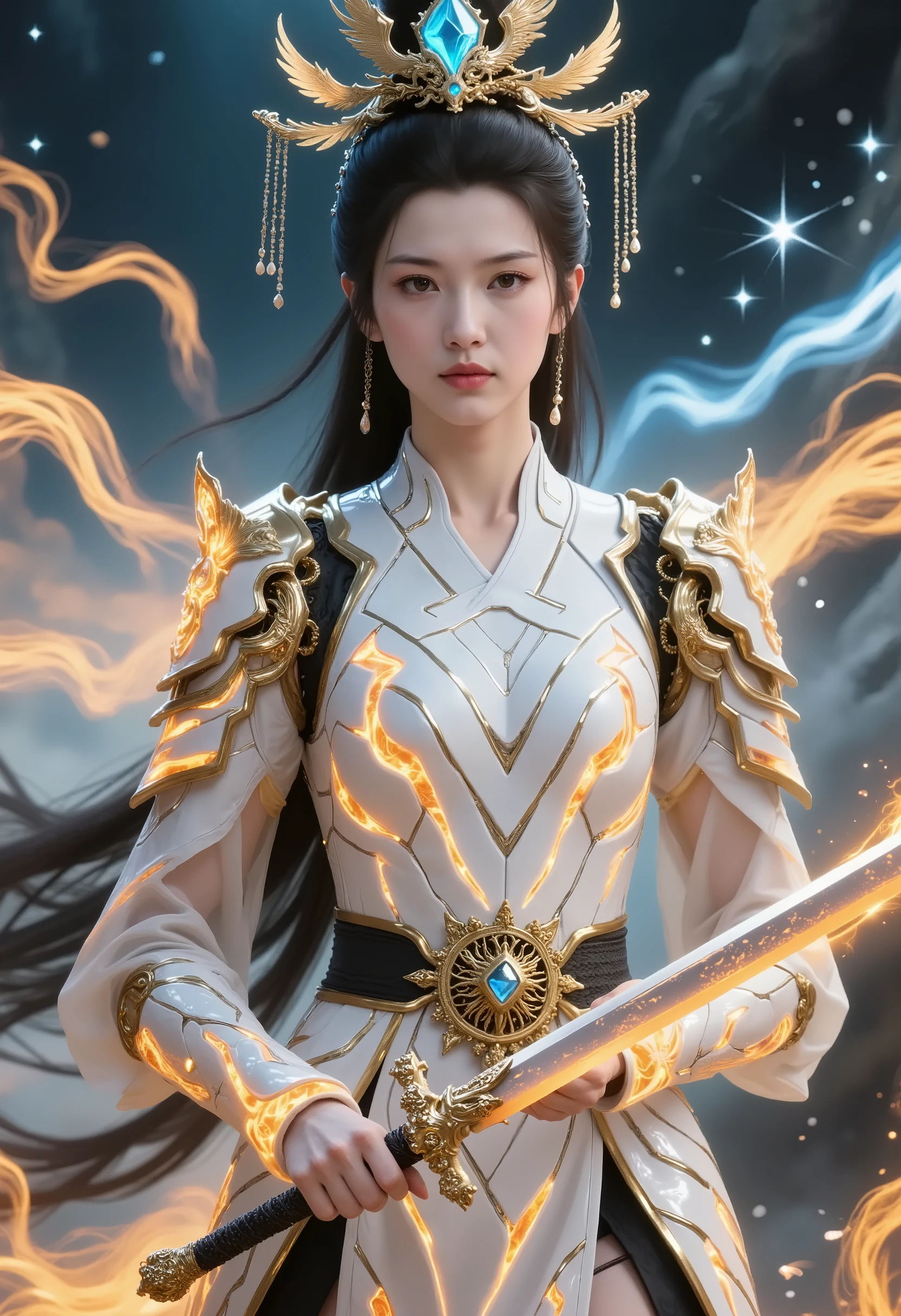Li Xin wears a silver and white gilt battle armor,The surface of the battle armor is carved with complex spatial and temporal patterns,Brilliant golden light flows through the lines,as if it contains endless mysteries of time and space。around the waist,Wings of Light made of translucent light material,The edge is lightly iridescent,as Li Xin moves,and leave a gorgeous trail of light behind you。Wear a majestic crown of light on your head,The crown is formed by gathering countless small particles of light,The center is inlaid with a diamond-shaped crystal that emits dazzling light,The crystal light shines brightly with Li Xin's starry blue eyes。A black leather belt,The belt is decorated with gold space-time gears,, the gears can rotate slowly,symbolizes the passage of time。The long sword in the hand is completely condensed from pure light energy,The sword has a streamlined body,The surface is covered with flowing light,The tip of the sword emits small light from time to time。The sword handle wraps around the white leather bandage,A gold space-time hourglass ornament is attached to the end of the bandage,The shoulder is adorned with a pair of huge wings of light,symbolizes the power of time。