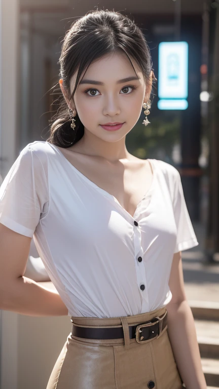 Best image quality, Focus, Soft light, Black hair, (Japanese)), (((Front, 15years old))), (Depth of field), Ultra high resolution, (Real: 1.4), RAW photo, ((( 裸エプロン))), smiling face