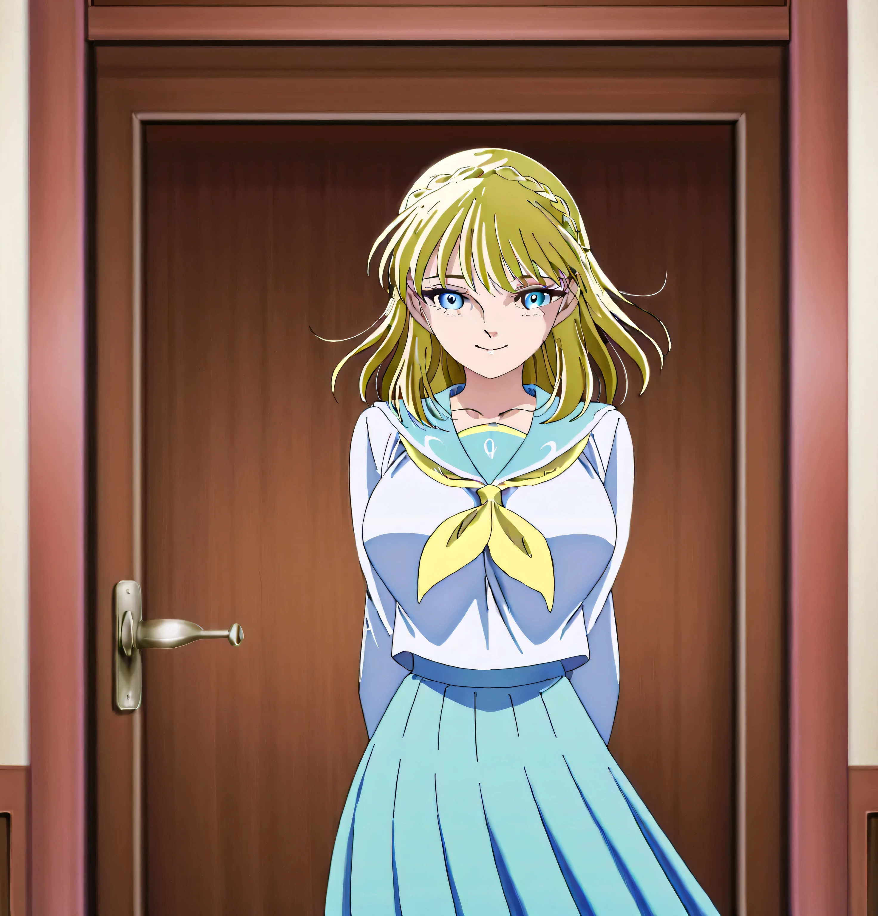 score 9 、score 8 up、score 7 up、source anime、傑作、best quality、best resolution、anime coloring、1girl、mii、solo、anime girl、long blonde haired anime girl、blue eyed girl、french braid、crown braid、big breasts、large breasts、collarbone、school uniform、Female junior high school student、sailor suit、white shirt、light blue sailor collar、yellow neckerchief、long sleeves、light blue skirt、pleated skirt、Mouth closed、girl is standing、elegant atmosphere、beautiful atmosphere、elegant smile、cowboy shot、official anime style、perfect Proportion、official anime artwork、female focus、official anime image picture、looking at viewer、anime screencap、