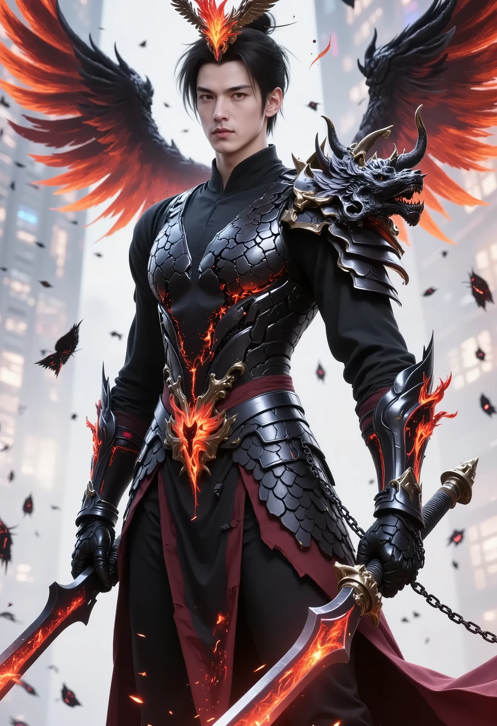 Li Xin's battle armor instantly changes to a deep dark purple in its dark form,The space-time lines on the surface turn into a distorted symbol of chaos,emits a strange black glow。The wings of light on the shoulder became huge The end of the black bone wing,The surface of the wing of the bone is covered with cracks,A black fog of energy oozing from the cracks,giving off a depressing and scary feeling。The crown of light on the head is shattered and restructured,becomes a black helmet full of spikes,The crystal in the center of the helmet turns dark red,emits a palpating blood-colored glow。Lee Shin's eyes also changed from blue to scarlet,, the eyes revealed endless murderous intent and indifference。The space-time gear decoration on the waist is corroded to black,The edge of the gear becomes extremely sharp,as if it can tear space at any time。The lightsaber in his hand transforms into a huge black scythe,The scythe is made of black chaotic matter,The blade is covered with distorted lines,with black flames on the blade,The flame makes a fateful sigh when burning。with a scythe handle Wrapped in a black chain,chain is connected to a small black hole,and the black hole continuously devours the surrounding light,to create strange visual effects。