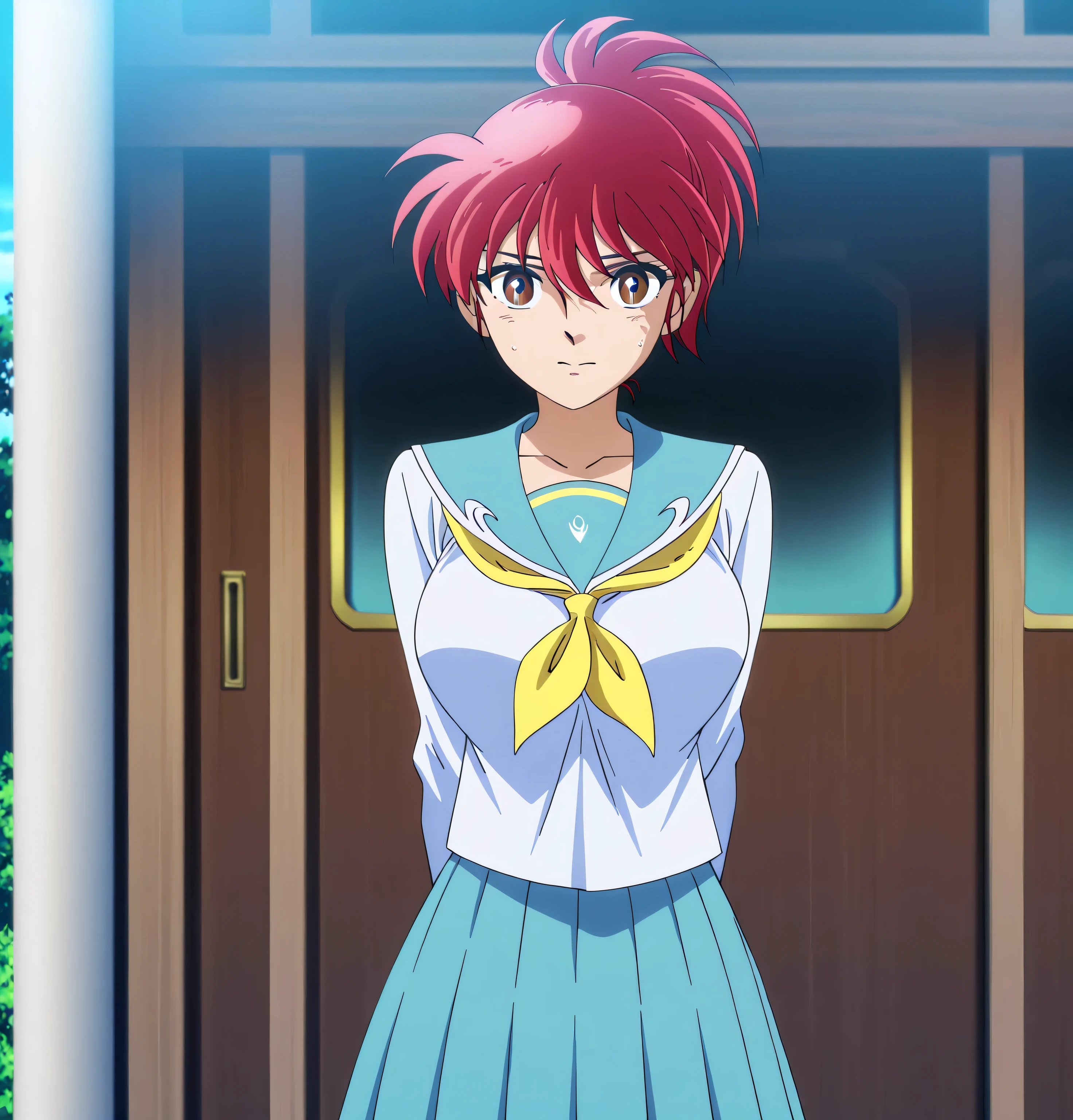 score 9 、score 8 up、score 7 up、source anime、傑作、best quality、best resolution、anime coloring、1girl、shouko、solo、anime girl、medium red haired anime girl、bangs、brown eyed girl、ponytail hair、Hair between the eyes、big breasts、large breasts、collarbone、school uniform、Female junior high school student、sailor suit、white shirt、light blue sailor collar、yellow neckerchief、long sleeves、light blue skirt、pleated skirt、outdoors、Mouth closed、girl is standing、strong atmosphere、tomboy atmosphere、boyish atmosphere、brave smile、cowboy shot、official anime style、perfect Proportion、official anime artwork、female focus、official anime image picture、looking at viewer、anime screencap、
