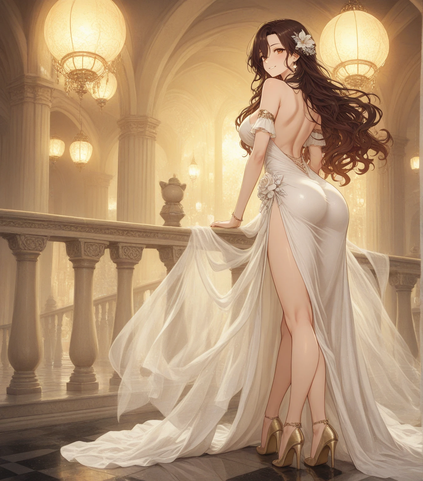 solo, 1girl, Masterpiece, 4K, HD, superb quality, beautiful woman, wearing a green haute_couture designer dress,see through,<lora:Haute_Couture:0.8>, back view, fashion show background, shiny dress, ultra realistic, smooth skin, bimbo, glossy, shiny dress