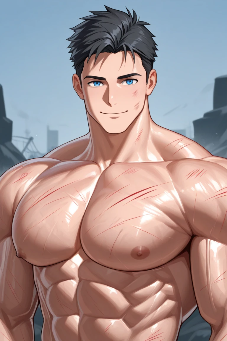 A teen (Young face) 15 year old teenager (15 years old) very attractive boy, standing, full body. Mexican ethnicity. tanned skin, silver white hair, short hair bangs that fall on both sides of his youthful face. carefree expression, young man, alone, marked muscles, beautiful musculature, aesthetic stretch marks, inspiring physique, slender muscles, square pecs, beautiful V-cone, excellent abs and torso, chiseled abs, pectorals chiseled, perfect massive muscles, inflated muscles, voluminous pectorals, massive muscular body, a huge gigantic chest with a narrow waist, huge shoulders, ridiculously well-shaped large pecs, eight chiseled abs, (very toned and huge) with his military haircut and voluminous neck, narrow waist, golden eyes, young face, beautiful, young. Teen muscular young bodybuilder with extraordinary and firm back, chiseled muscles, rhomboid muscles, latissimus dorsi. Gigachad. He wears a blue leather jacket (BLUE JACKET) that reaches the height of his ribs and is open. (Bare torso) and tight black latex pants, he does not use a belt. He is shirtless under his jacket, which highlights his prominent abs and pectorals. He doesn't wear a belt. His muscles stand out. Ruins of a Jedi temple background. Standing, full body. (((Back))) huge, firm and muscular thighs, round buttocks and round butt with back, huge ass ((firm buttocks)) with big butt. (((black latex pants))) (((Exposed muscular torso. Open blue jacket.)))