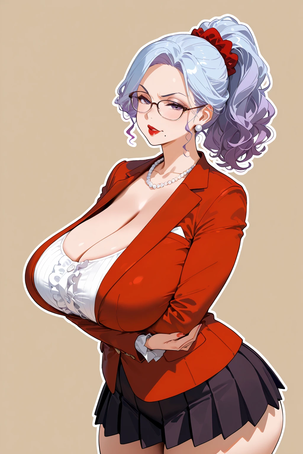 rating_explicit, blonde woman, milf red dress, golden necklaces, white jacket, red glasses, hands in waist