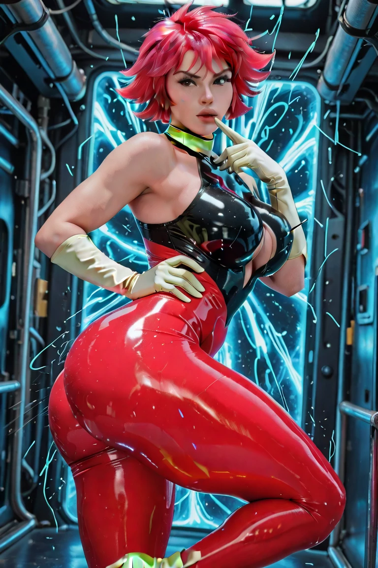 Kei from The Dirty Pair, , wearing a tight outfit, skimpy, medium breast, red hair beauty, cyberpunk city background, holding retro space-gun, headband, slim waist, slim thighs, thigh gap