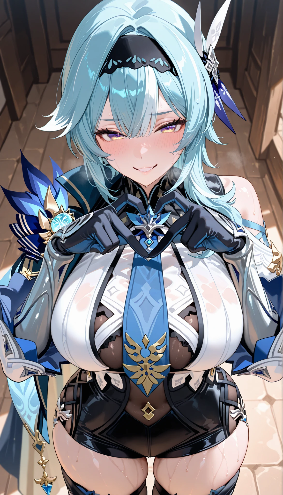 score_9,score_8_up,score_7_up,1girl, solo,blue eyes, white hair, braided ponytail, large_breasts, vision_\(genshin_impact\), absurdres, highres,medium hair, blue hair, gradient eyes, yellow eyes, black hairband, hair ornament, blue necktie, (blue cape on her right shoulder), long sleeves, wide sleeves, black gloves, high-waist shorts, black leotard, black thighhighs, Eula_\(genshin_impact\),Stand on the floor,(In a stone Jail),(Heart hands),Torogao,seductive smile,blush,heavy breathing,Shiny Skin,Sweaty Skin,big butt,(Cowboy shot),((look at the view))
