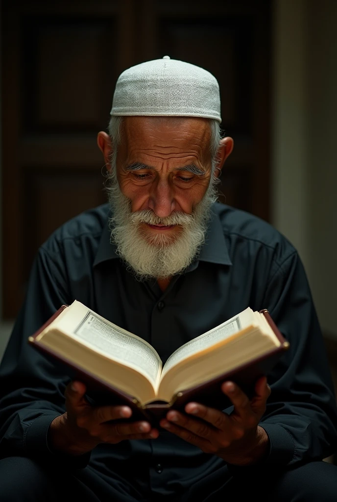 malay senior citizen wearing white color reciting al quran wearing kopiah as well wearing spectacle