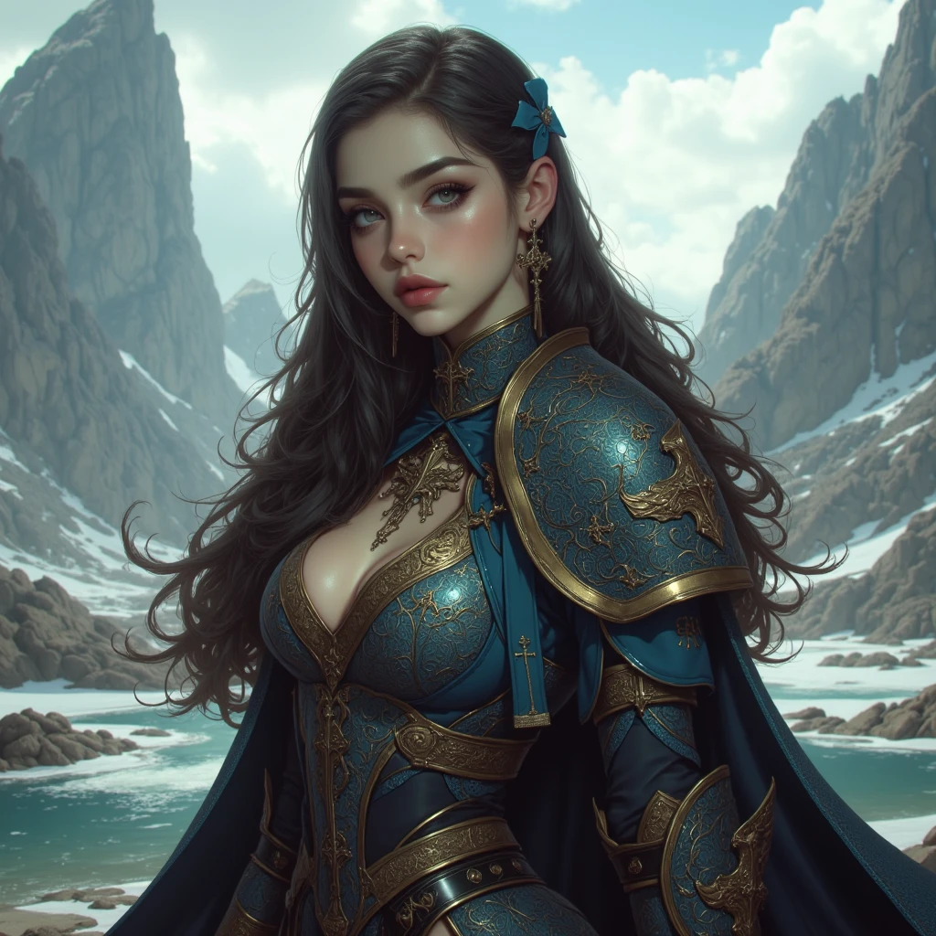 portrait of a beautiful 30 year old viking woman. she is standing in front of a river, illustration