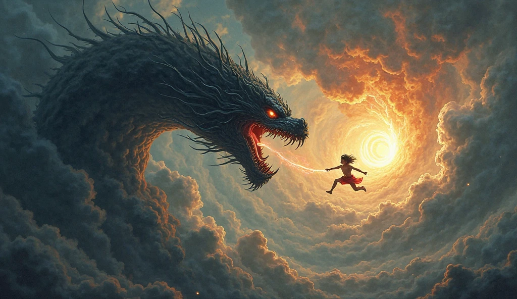 Woman being thrown by the king into a ravine where the mouth of a dragon is located