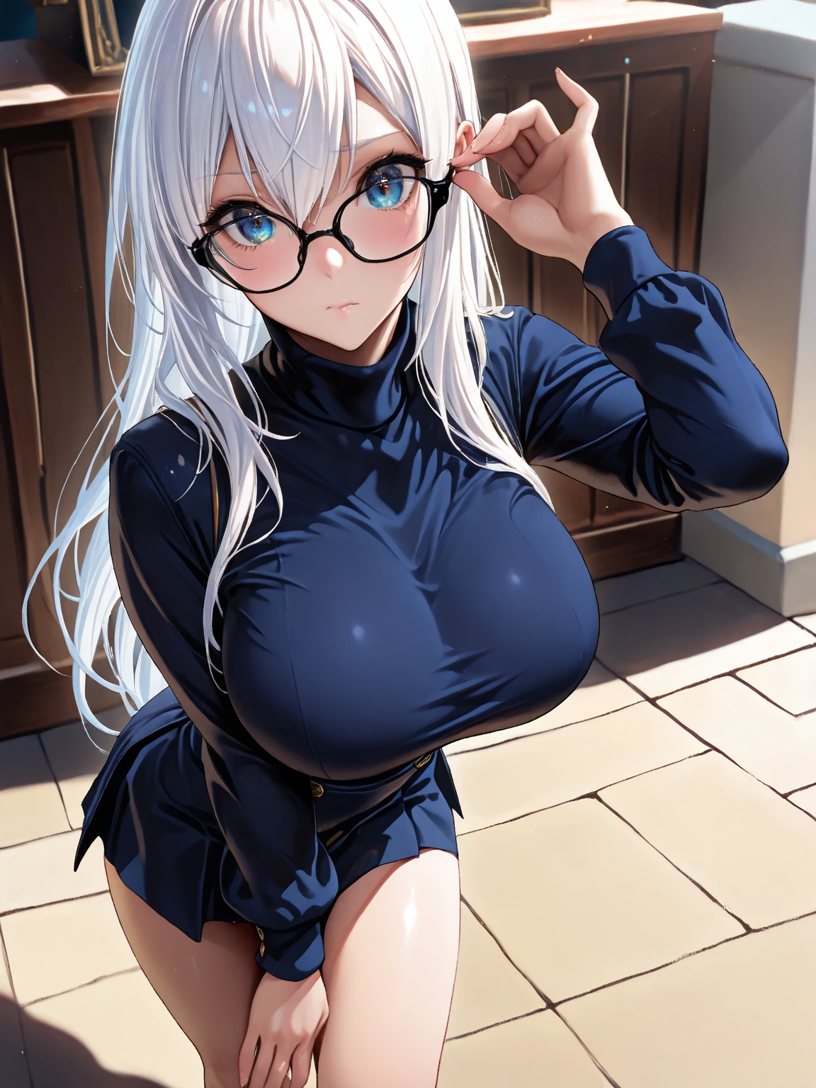1girll,tmasterpiece,best qualtiy,HighestQuali,offcial art(Very detailed CG unity 8K wallpaper)(best qualtiy),(Most Best Illustration),(Best shadow)Nature',(Married Woman),woman,Hero Teacher,Small glasses with white frames,Sexy big breasts,The lace teacher costume highlights her plump flesh,Long flowing white hair,In the classroom at sunset,seduct smile,Bright pupils