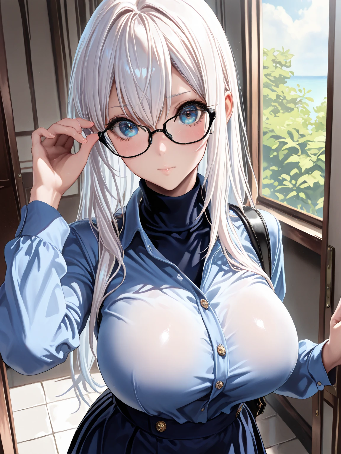 highest quality,wonderful,finely,extremely detailed CG Unity 8K wallpaper, (1 girl, blue eyes), ((largest breast)),(huge breasts:1.2), (black school swimsuit:1.3), (bare shoulders:1.1), (clavicle:1.1), (semen:1.2), (:1.5),(sperm:1.2), (zettai ryouiki:1.2),(constriction:1.2), (Are squatting:1.2),(Nipples),(Nipples visible), ((cum,sperm,semen)),(((cum on face))),((ejaculation semen)),((ejaculation cum)),(((bukkake))),waterfall braid hair,arms up,armpit,locker room,(((cum on body))),(((sukumizu))),Glasses,
