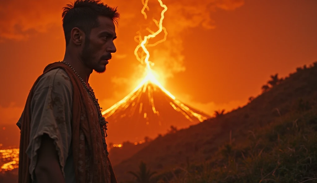 (35mmstyle:1) artstyle headshot portrait photo cinematic film still of a man from a movie about a human fire breather, depth of field, a Volcano is in the background out of focus