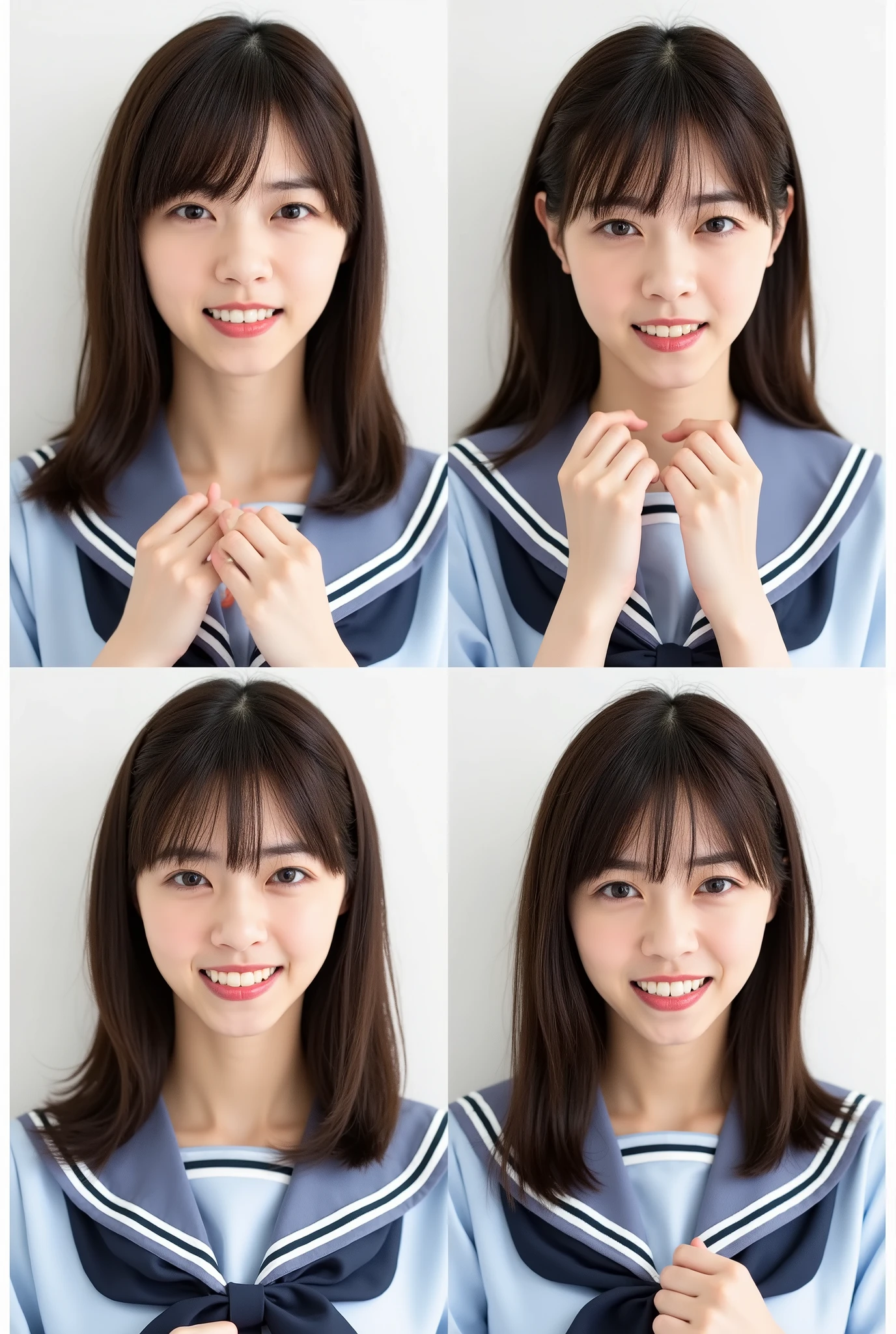 Create a realistic photograph of a beautiful Japanese female idol in a Nogizaka-style uniform. The image should be divided into four sections, each featuring a close-up of her face expressing different emotions: a smile, an angry face, a crying face, and a surprised face. Use a simple background to maintain focus on her expressions.