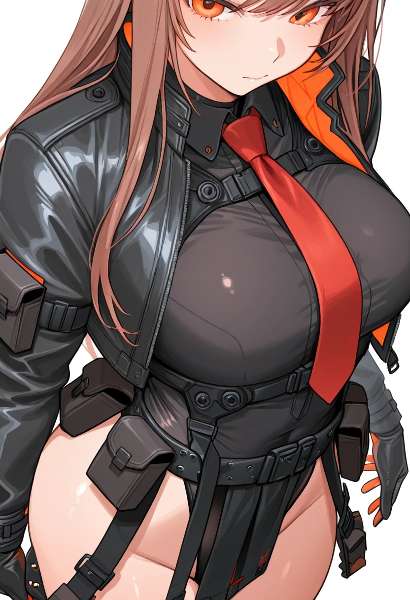 brown and gray sniper girl wearing brown militray suit,Huge Breasts,ruins,red glasses,Thick smoke,cleavage,Lipstick,pant,ponytail hairstyle