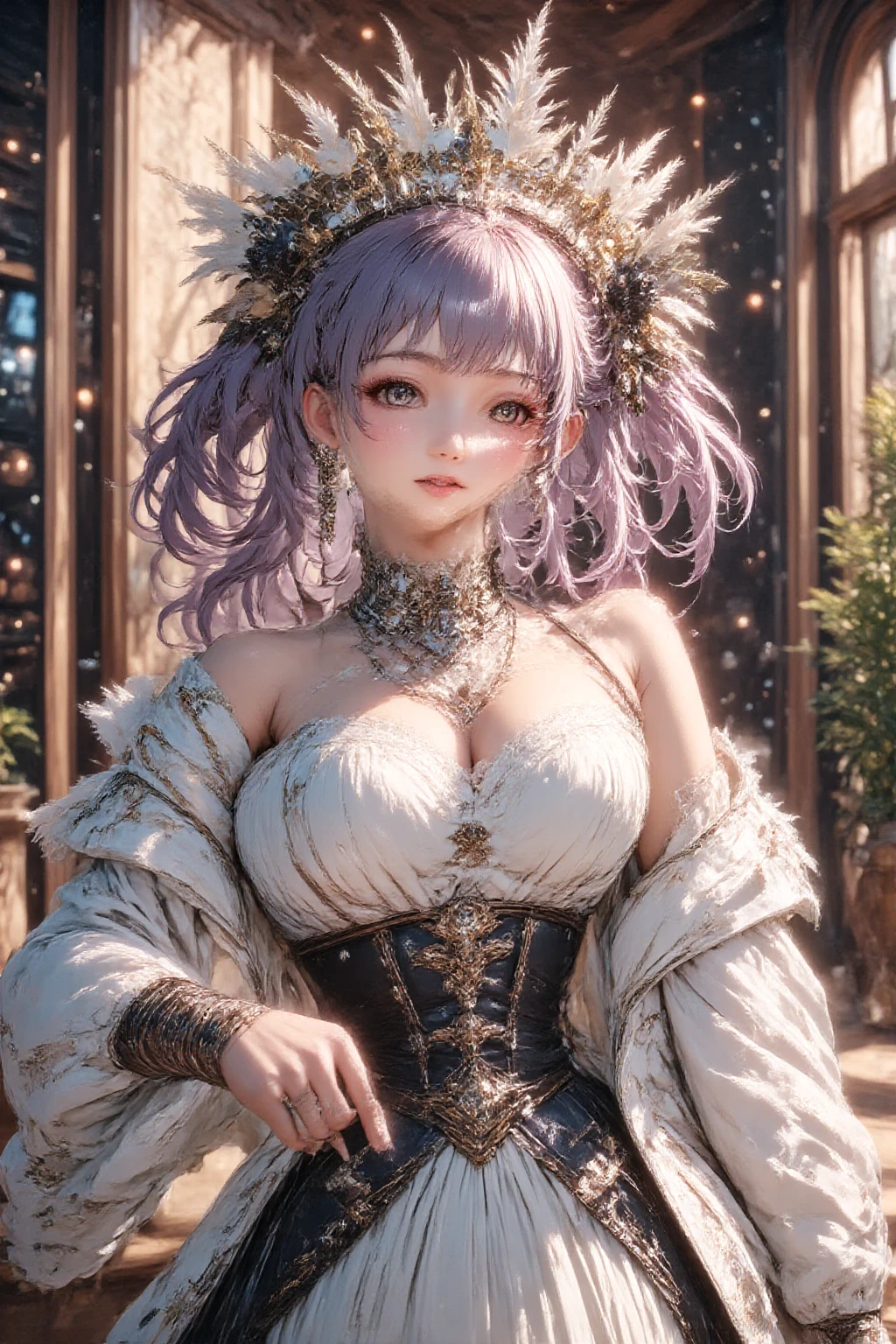 (Realistic:1.3), In detail, quality, Rembrandt Lighting, (masterpiece:1.2), (photoRealistic:1.2), (best quality), (Detailed skin:1.3), (Intricate details), dramatic, Ray Tracing, One girl, Crymaria Levin, 21 years old, Detailed skin texture, (blush:0.5), (It gives me goosebumps:0.5), Scattered beneath the surface, smile, Medium chest, Very long curly hair, Purple Hair, Red eyes, choker, Fur has, Exposing shoulders, Purple Dress, Removable sleeves, Purple gloves, Thigh-high boots, staff, holding staff, Cowboy Shot, (Bright sunny day, Wide々Flower field, null), (16k, RAW Photos, 最高quality, High resolution), High-definition RAW color photos, Professional photos, (Layered silhouette: 1.2), Complex patterns, (Realisticな, Photorealistic: 1.3), (Japanese Girls), Big Breasts、Very firm breasts、are not drooping、The cleavage is visible。Too much exposure、（NSFW）、Shine、(Detailed face: 1.2), (masterpiece: 1.5),Fine-grained beautiful skin, (cute: 1.2), (sexy), (最高quality: 1.2), (One girl: 1.3), (solo, soloフォーカス), A completely normal human body type, A depiction of a woman that is faithful to human anatomy, A representation of a healthy, balanced and vibrant woman。Too much breast exposure。


「No deformed or unnatural body parts」No missing limbs。Normal number of heads, limbs。Head, limbs, and thickness are normal for height。The number of heads is one。Body length is anatomically normal。