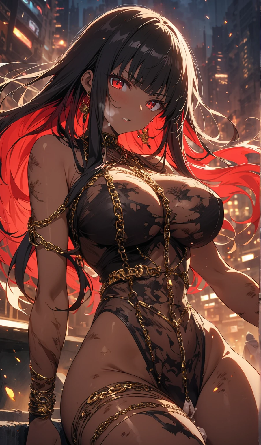 ((highest quality)),(ultra high resolution),(Super detailed),(detailed description),((best CG)),(best work of art),super precision art, great drawing art,(Art with precise details:1.5), (Fantasy medieval bikini armor 1 woman:1.5), beautiful and well-shaped face:1.5,(Beautiful skin with precise and detailed depiction:1.6),(:1.5),provocative angle:1.6,gorgeous, beautiful young woman, beautiful and flawless red colored skin, long flowing black hair, obsidian colored eyes, symmetrical face, seductive and alluring facial features, her very presence oozes seduction, S-shaped body figure, slim and narrow waist, black onyx horns jutting out her forehead, hip level shot