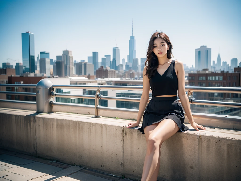A stunning urban scene featuring a young woman sitting gracefully in a sleek, narrow alley. The modern architecture is highlighted by a striking white geometric wall on one side, contrasting beautifully with the lush green foliage on the other. She is dressed in a stylish fitted croptop vneck and denim skirt, complemented by sandals and a chic black handbag resting on her lap. The atmosphere is serene and contemporary, effortlessly blending nature and architecture