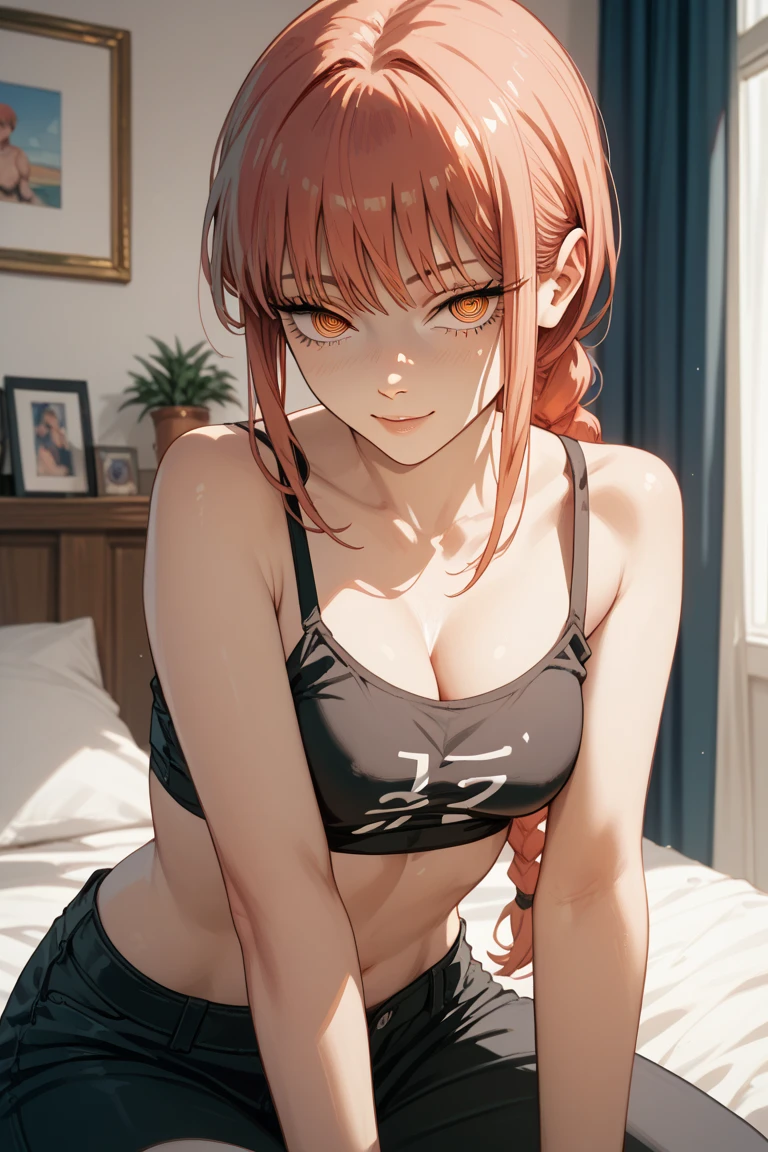 Makima, Makima, Long hair, Smile, Bangs, (large breasts:1.1), (Yellow eyes:1.2), braid, Red hair, braided ponytails, Ringed Eyes, BREAK shirt, lingerie, black bra, ,Black panties,Break indoors, Office, BREAK looking at viewer, BREAK (masterpiece:1.2), Best Quality, High resolution, Unity 8k壁纸, (Illustration:0.8), (Beautiful detailed eyes:1.6), extra detailed face, Perfect Lighting, extremely details CG, (Perfect hands, Perfect Anatomy), full body