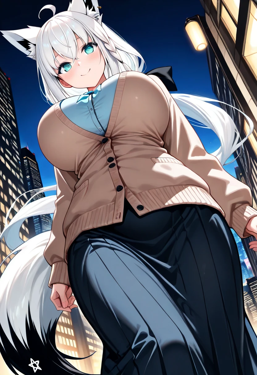 (huge breasts:1.3)(masterpiece)(high quality)(best quality) (1girl),(solo), (slim waist:1.3), (looking at viewer), snow-covered streets, winter jacket, night time, detailed background, jeans, white hair, purple eyes, glowing eyes, american city circa 1970 in background, slight smile