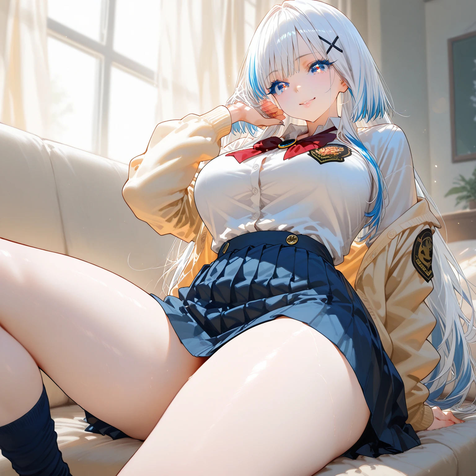 anime girl sitting in chair with cigarette in mouth and looking out window, (beautiful anime high school girl:1.4) , (cabello white +violent :1.4), (seductive anime girl) , a hyperrealistic schoolgirl, anime visual of a cute girl, the anime girl is crouching, (azur lane style:1.4) , still from tv anime, from the azur lane videogame, anime opening, anime best girl, (hyperrealistic schoolgirl:1.4) , high quality, (RAW photo, best quality), (realistic, photorealistic: 1.4), (extremely delicate and beautiful: 1.4), amazing, fine details, masterpiece, ultra detailed, high resolution, best illustration, best shadow, intricate, ( extremely intricate: 1.2), (exquisitely detailed skin), cinematic light, perfect anatomy, (cool color: 1.4), sharp focus, 8k UHD, DSLR, (Fujifilm XT3),More detailed 8K.motor irreal:1.4,UHD,La mejor calidad:1.4, fotorrealista:1.4, textura de la piel:1.4, obra maestra:1.8,obra-prima, mejor calidad,objeto Objeto], (detailed face features:1.3),(Las proporciones correctas),(Ojos hermosos azules),  (pose vaquero), (mostrando panties white encaje :1.4), (modelo Rusia y japonesa belleza :1.4), (alya sometimes hides her feelings:1.4) 