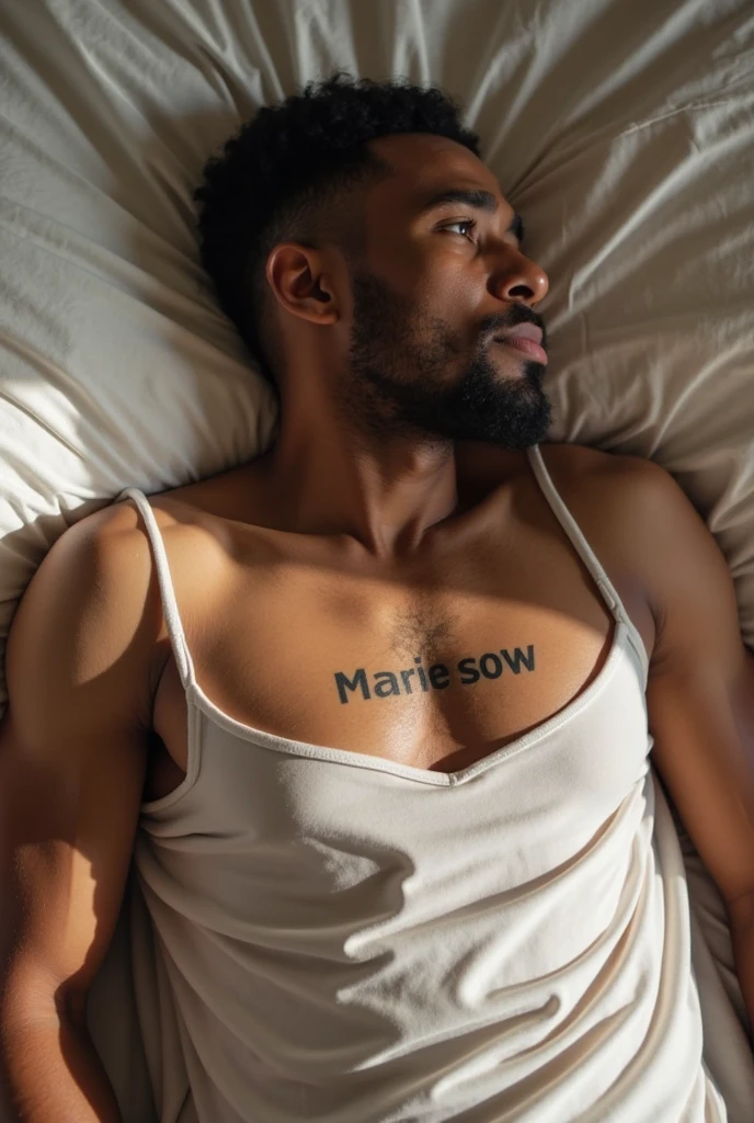 (photorealism:1.2), tall light brown man, naked without clothes, holding a sign with his arms raised where it says &quot;dude, I&#39;ll wait for you in bed&quot;
