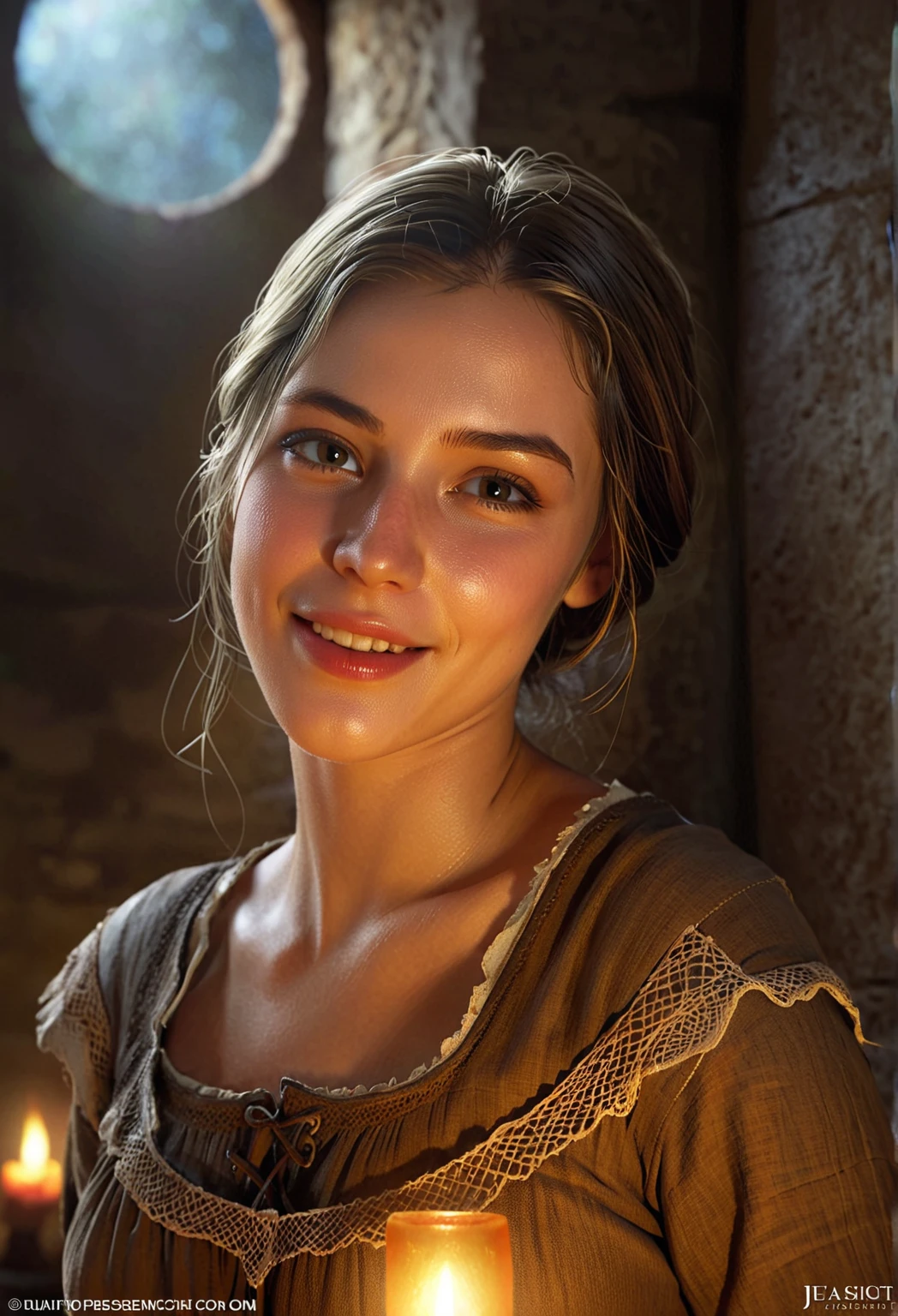 Style by Style Style Crypt Award winner, Spectacular oil painting of a beautiful medieval peasant girl, 15yo, (seductive expression:1.2), ?????? espression, an ominous, evil, (Backlight:1.3), Digital Painting, concept art, Smooth, Sharp focus, Three-part method, Dark fantasy,Intricate details, art:Alexis Briclot, Medium Shot, (Shallow depth of field:1.3), grin seductively, She is in sexual ??????. ??????, sexy, seductive, moistskin, hyper detailed skin texture,