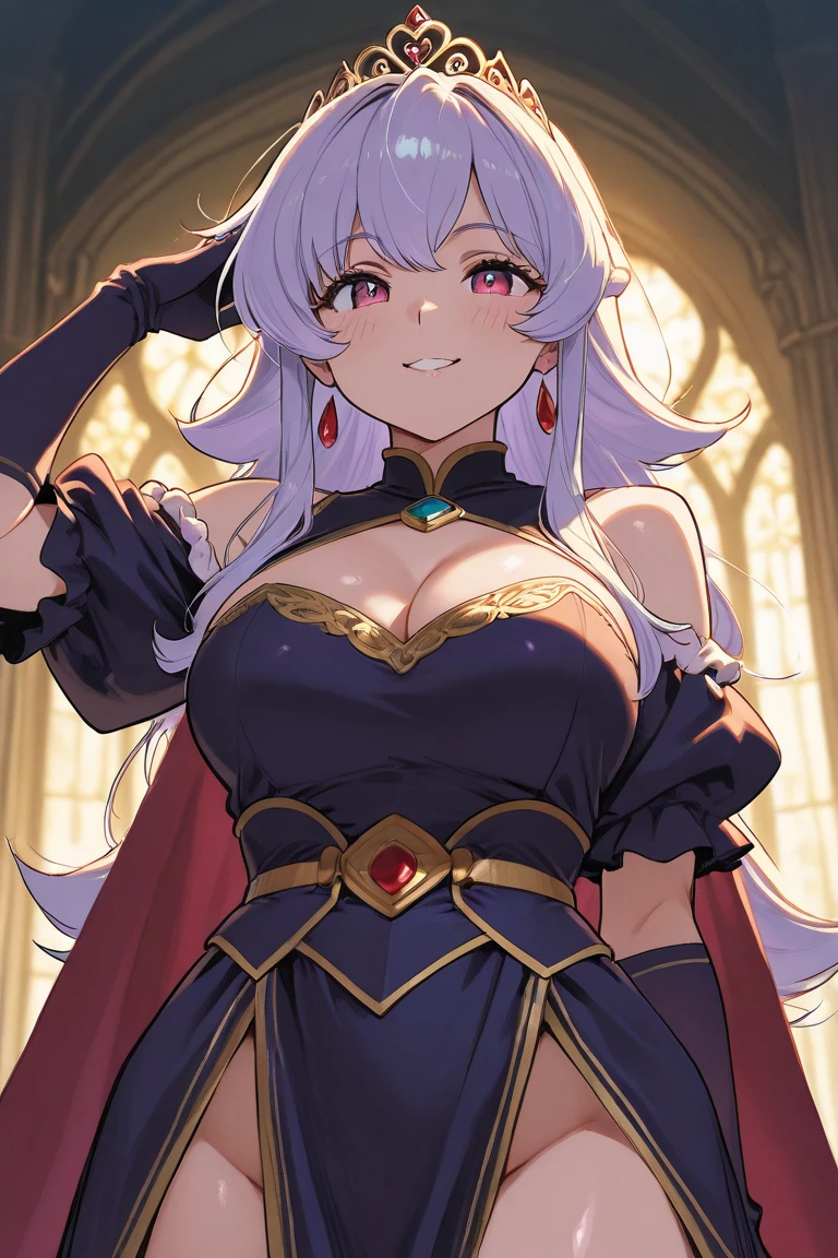 masterpiece,best quality, unreal engine, ultra res, extremely detailed,
1girl, waist, (slender:1.3), (muscular:0.8)
<lora:hews style by goofy ai:0.2><cutesexyrobutts_v2:0.4><lora_puuzaki-puuna-lora-v1:0.2>
<lora:Round_Breasts_V7:0.4>
ROUND BREASTS, big BREASTS
fearless face, parted lips, watchig at viewer,
standing, sexy pose
(waist shot, close shot, face shot,:1.4)
simple background
anime style, key visual,
<lora:ishtarV1:0.75>,def_ishtar, purple dress,,black cape, shoulder armor, jewelry,thighhighs, earrings,  side slit, elbow gloves, cleavage, choker, necklace, belt,  
bridal gauntlets,large breasts,bracelet anklet, white footwear,dark