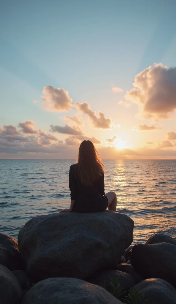 there is a person sitting on a rock 灰色连帽衫, Rear view, looking at the sea, watching the Sunset, 女孩watch Sunset, under the beautiful Sunset, Sunset, looking at the Sunset, Sunset, with Sunset, watch Sunset, With the Sunset, Looking at the Sunset, looking towards the horizon, looking at the sea, at sunrise, at Sunset, Sunset time