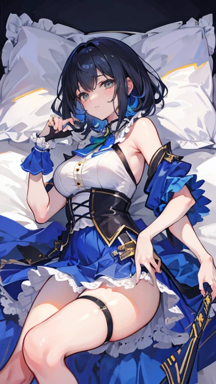 Masterpiece, Super fine illustration, Best quality, Light particles, Ultra-detailed, 8K wallpaper, (Bright colors:1.2), Solo, (A little girl), Big breasts, (Black hair), (Hair Bow:1.5), (Red bow), Disheveled hair, Long hair, Curly hair, Shiny hair, Shiny skin, beautiful blueish eyes, Shiny eyes, Happy smile, Reddening cheeks, (snow white and the seven dwarfss:1.4), Blue dress, puff sleeves, Yellow skirt, fantasy, village house, apple, Cowboy shot, anime big breast,