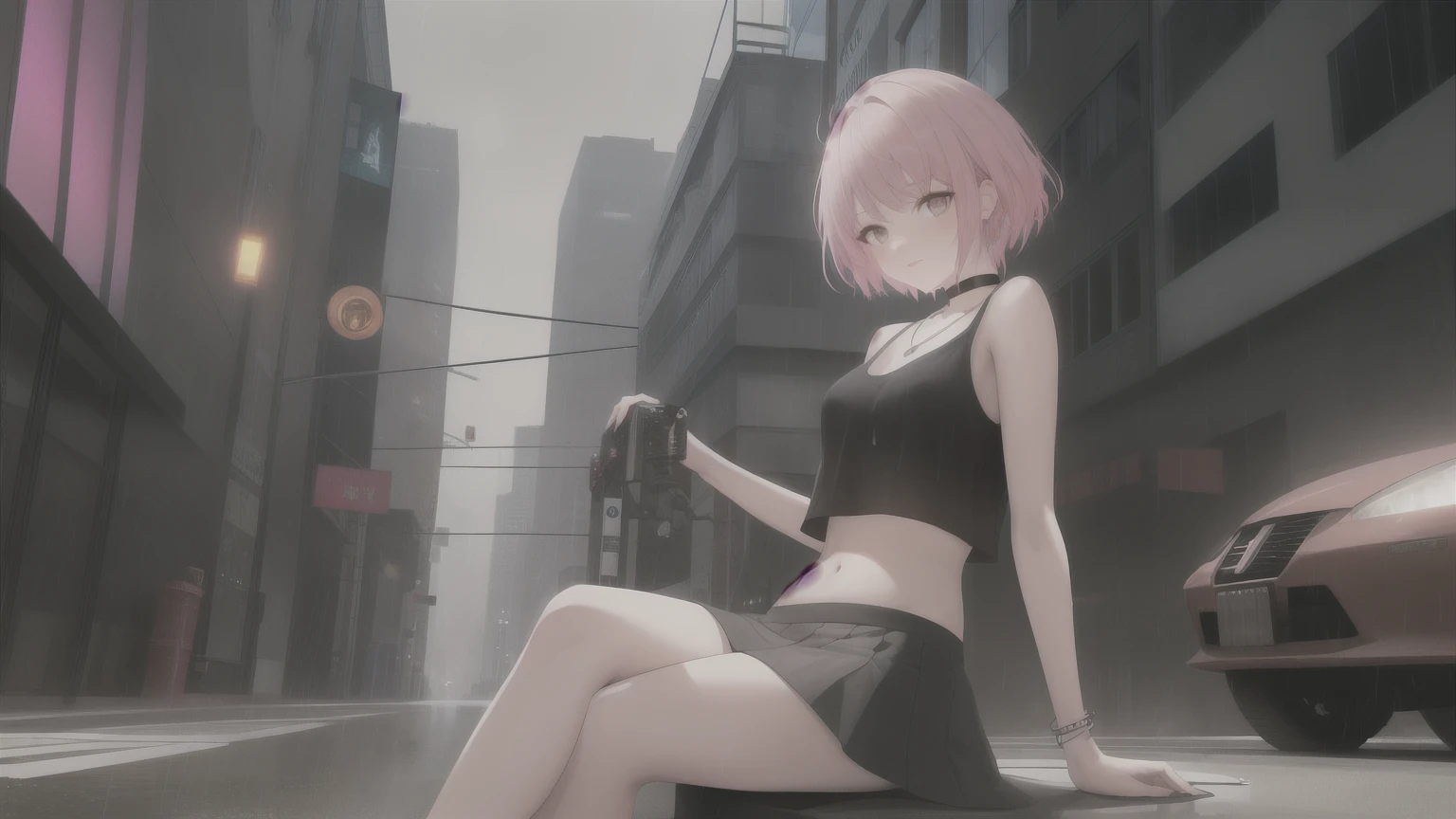 smoking girl, laying on a bench, dark street, night time, pink hair, short hair, long jacket, small girl, she's 20, she's wearing jeans, she's wearing combat boots, she's wearing a white bra, she's in extase, she's enthousiast, ambient smoke, ambient smoke everywhere, straight haired, beautiful women, small hips, grey eyes