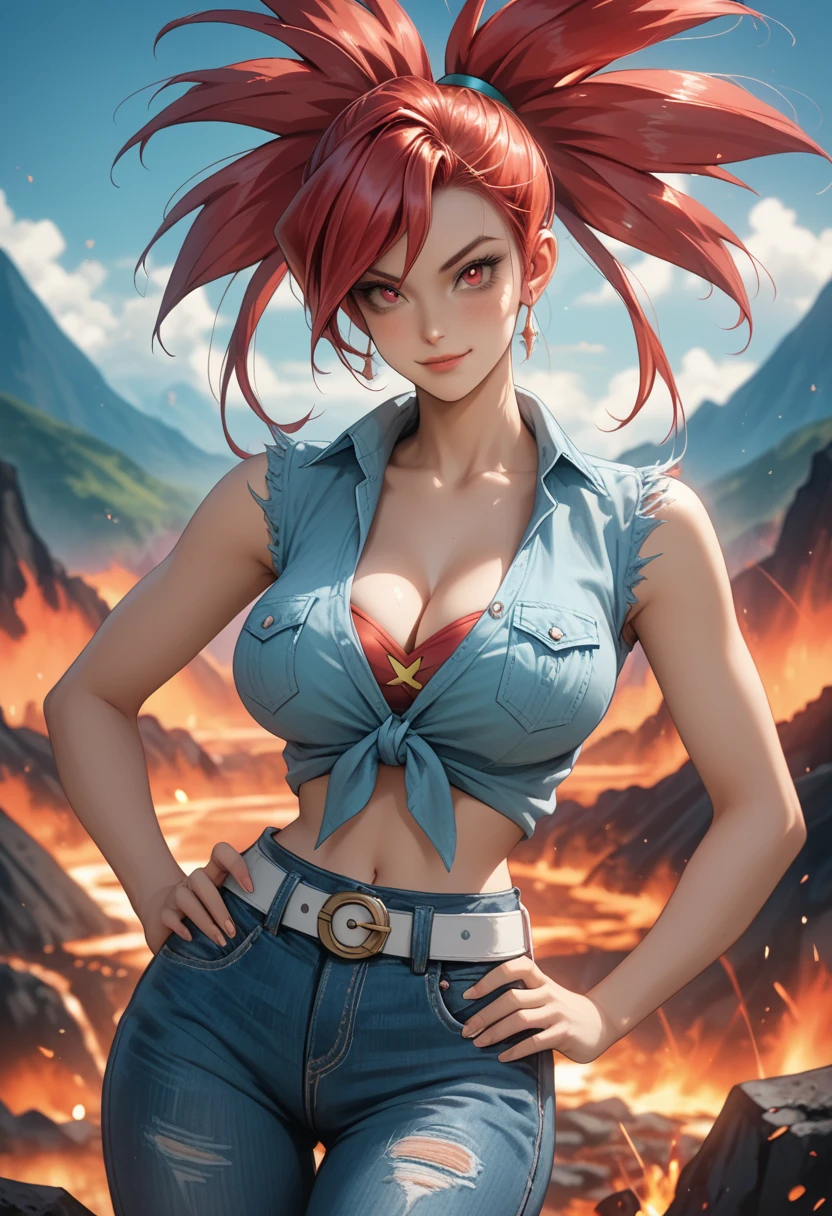 thick outlines, comics, photorealistic, perfect hands, masterpiece:1.2, volcano, hot spring, lava, 1girl, solo, dynamic pose, <lora:flannery-nvwls-v1:0.8>, orasFlannery, sleeveless front-tie top, cleavage, midriff, white belt, blue pants, medium breast, detailed background, detailed face, detailed eyes, <lora:add_detail:0.7>