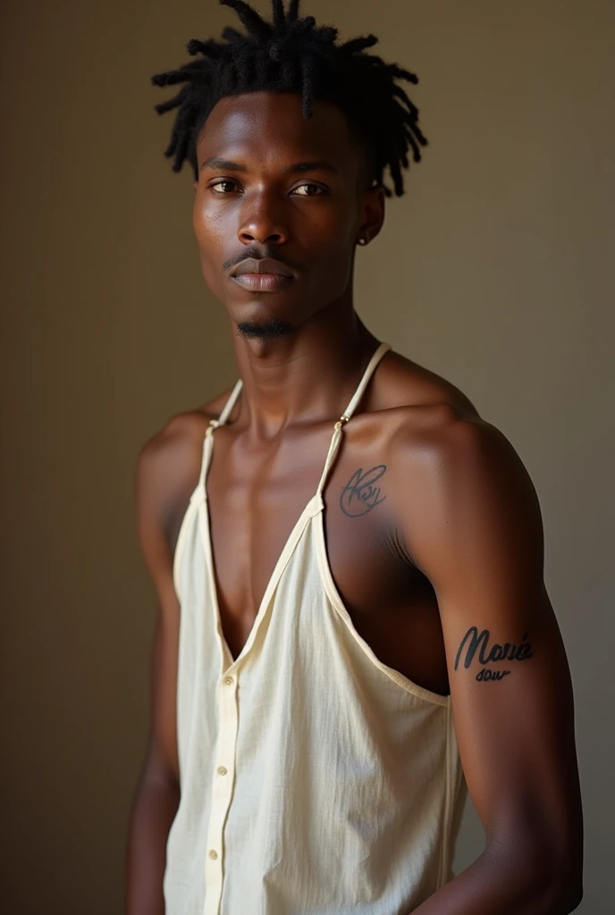 Shirtless black male character with curly hair with one white and one black side and a tattoo on his chest that says family