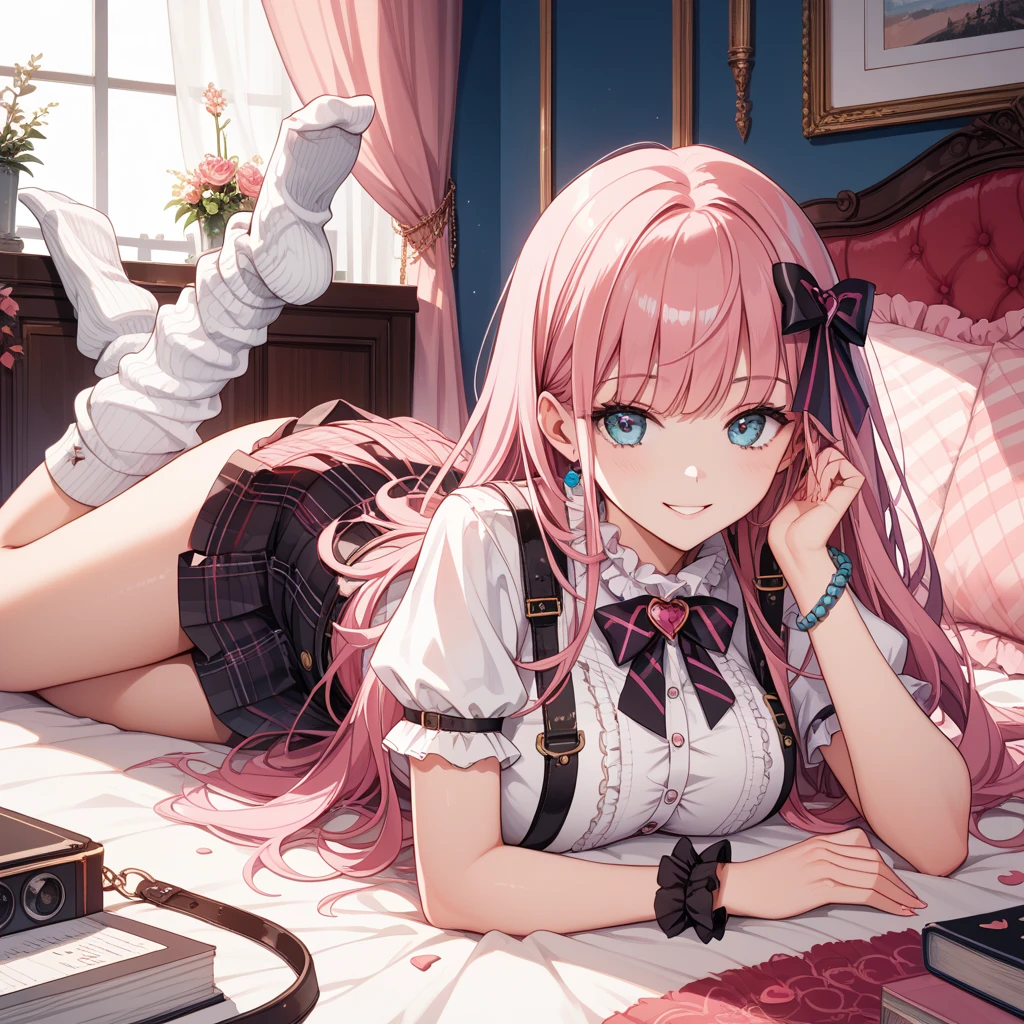 high quality, masterpiece, Super detailed, School uniform, very short skirt, unbuttoned shirt, black stockings, pink panties, choker, headless, 1 girl, alone, Peaceful look, pink long hair, captivating blue eyes, fox ears, nipple, big breasts, School
