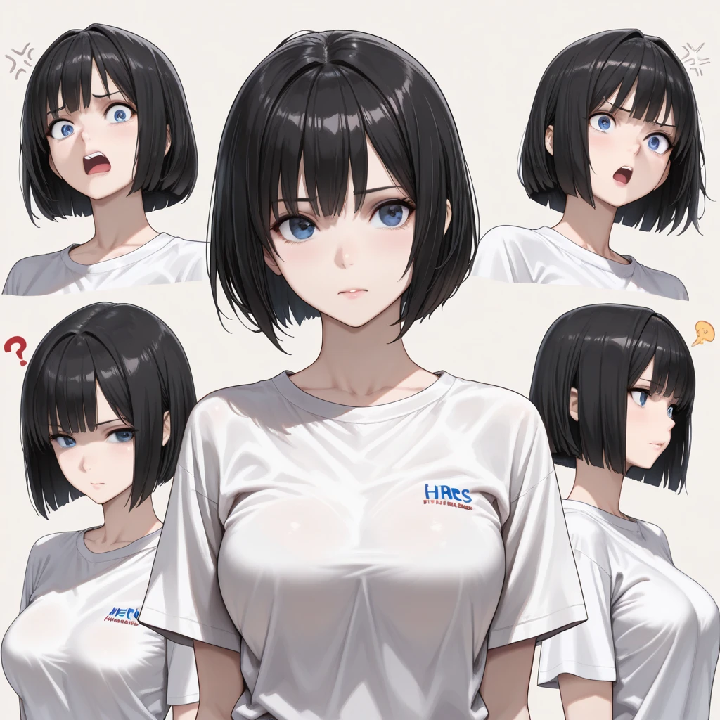 1girl, short hair,large breasts, parted bangs, black hair, blurry, bangs, (tsurime), 40yo female,Forehead, doctor cort, ((multiple_views)),