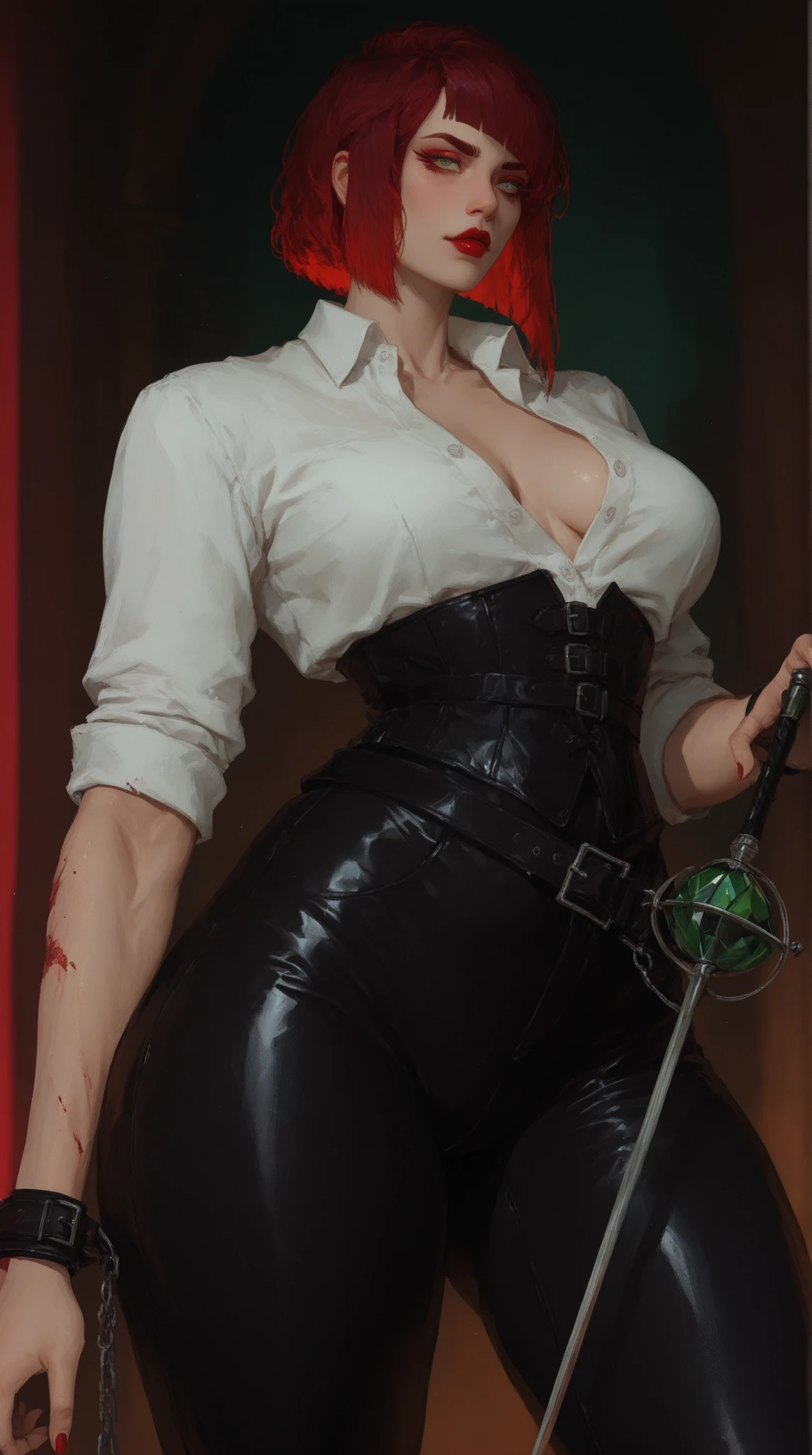 a woman, white skin, muscular, medium-cut hair, black hair, white blouse stained with blood, gray sweatpants, coat tied around her waist, has a big butt, brown eyes, has wide hips, thicker thighs, red lips , wears a plastic mask on his face with a rabbit face, holding an ax in his hands