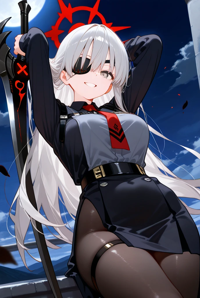 Riposte's face, sclerae, and skin was silver with red eyes. She had a silver helmet with angular sides and a red circle on the centre of the forehead with the Tsurugi crest. She wore a silver armor; a breastplate, pauldrons and tassets while her arms were solid silver. Her dress shoes with 2 downward chevron stripes on her ankles were connected to her leggings, and they were also silver, with cone shaped high heels. Her right hand seemed to be or held a sword-like extension with a triangular guard and a red circle bearing the Tsurugi crest on the centre of the guard.

When she was akumatized into Riposte Prime, she had the same appearance as Riposte, but wielded a big saber sword with a red edge that was held in her hand. SPARKLE; GLITTER