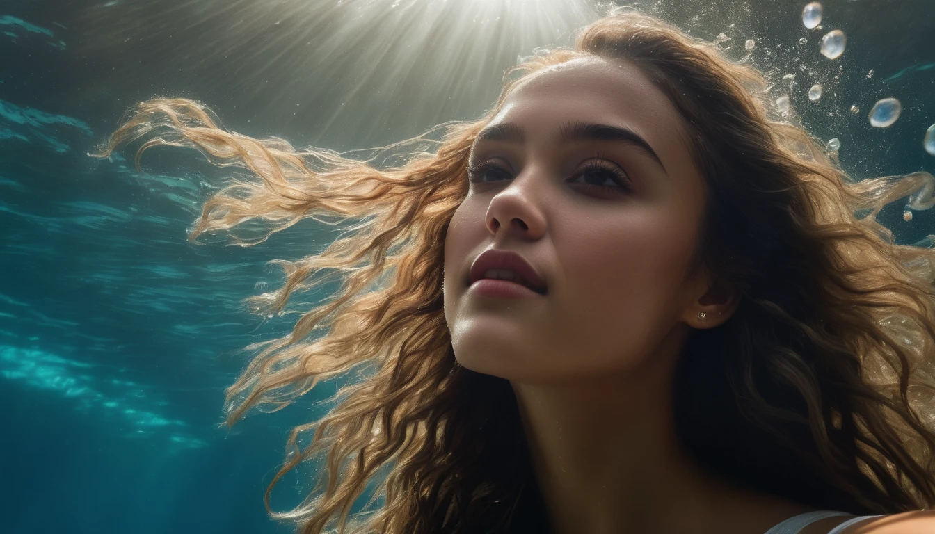 A beautiful afghan girl floats up from beneath the waves.